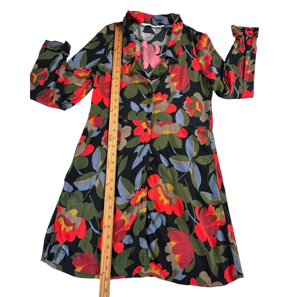 Zara Trafaluc Collection Floral Red Black Green Shirt Dress Button Down XS - Picture 5 of 14